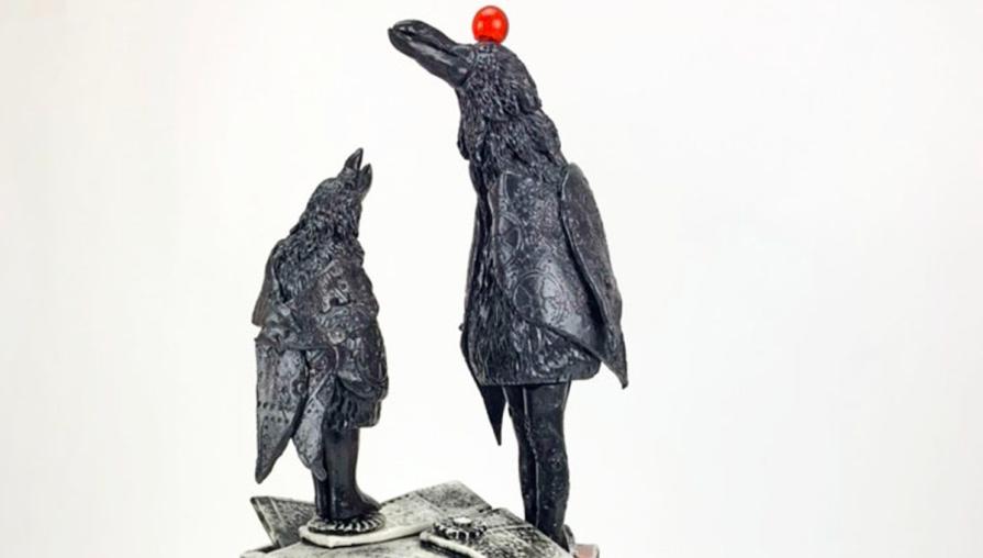 raven like beings standing up with red apples balancing on their head