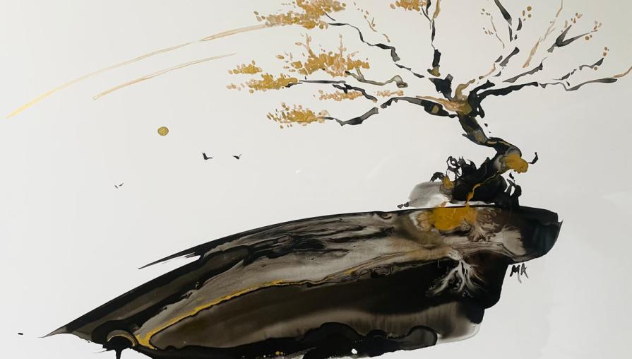 a white canvas with a brown tree, watercolor with yellow spring colored blooming leaves