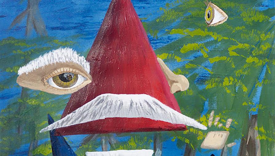 green background with blue and a red gnome hat and the face is floating all around the hat, having the right eye stare you down