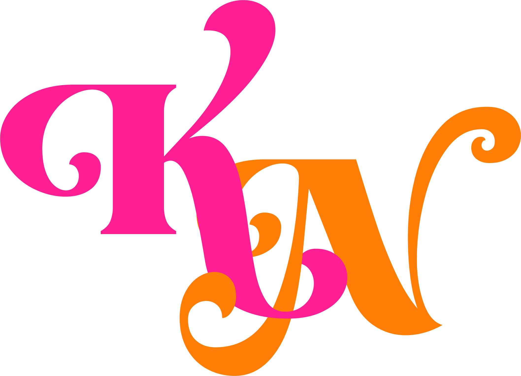 logo of the letters K and N, intertwined with one another, with the K being fuschia and the N being orange