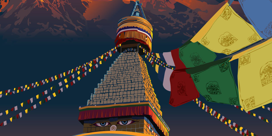 Vector drawing of a budist temple in Kathmandu, Nepal