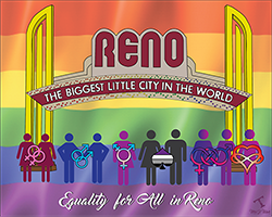 Reno arch with various sexualities shown in front of it.