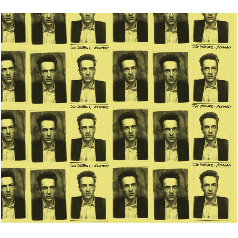 The album cover for Assembly by Joe Strummer is shown. It depicts several screen printed photos of a man's face on a bright yellow background.