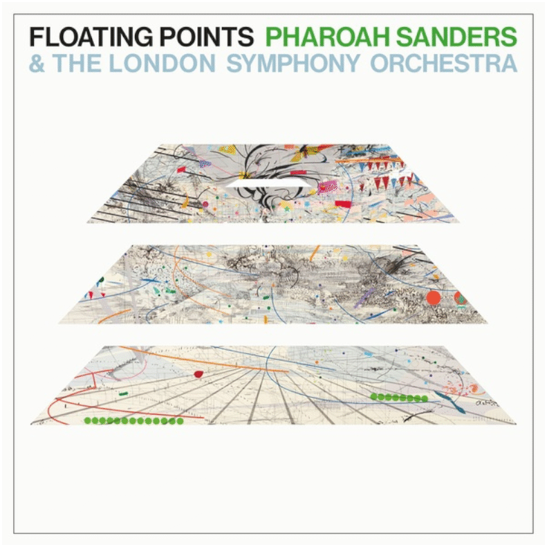 The album cover for Promises by Floating Points featuring Pharoah Sanders is shown. It depicts several maps floating on top of each other.