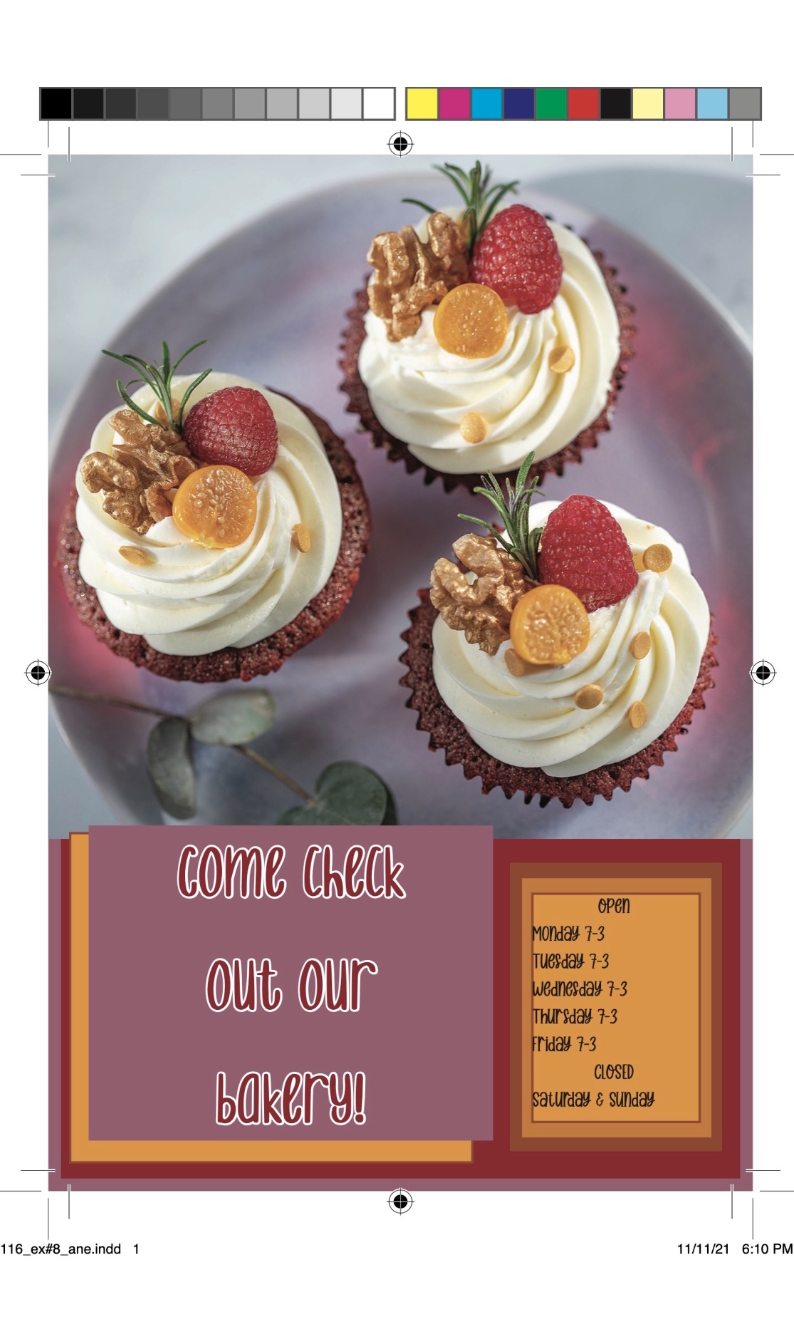 a bakery advertisement with cupcakes and a menu to the bakery