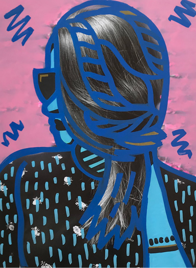 a picture of a woman with thick blue outlines all over