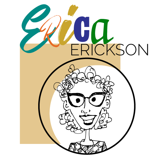 Hand-drawn headshot photo of Professor Erickson, a crazy curly haired lady with funky glasses and an attitude to fit.  Professor Erickson is smiling big and greeting TMCC students with happiness and an eagerness to teach and learn.