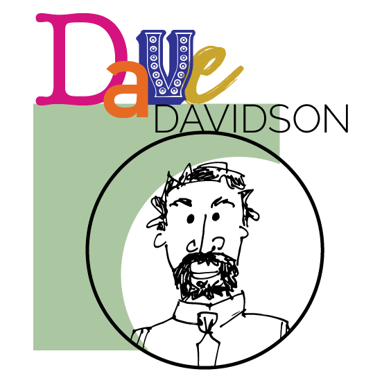 Hand-drawn headshot photo of Professor Davidson, who's scraggly hair and goatee beard/mustache set makes you smile.  Professor Davidson is trying to look professional in a buttondown shirt and tie, but his wild eyse and features never fail to betray him.