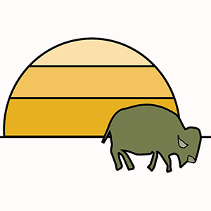 logo created for GRC200 celebrating the Plains Bison. A yellow bison walks away from a setting sun along a plain of text that says Plains Bison. Birds in the distance dots the I of Plains