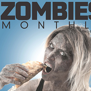 An image of Hangry as a Zombie woman chomps down on a greasy Jimboys taco. Title of the magazine cover reads Zombie Monthly and lists several articles about zombies and movies and digestive tracts