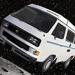 Billboard rendering with an Adobe Illustrator drawing of a Volkswagen Westfalia flying over a moon in stary space.