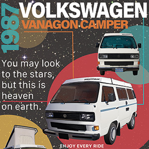 1st page of a Volkswagen Westfalia flyer for the sale of the van.  Volkswagen is featured infront of a stary background with bright colored circles framing and notating different features of the amazing home on wheels.