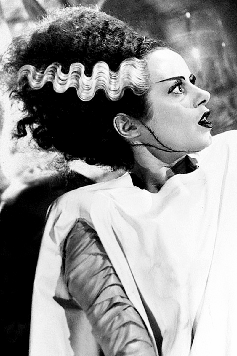 classic hollywood black and white photo of the bride of frankenstein side profile.