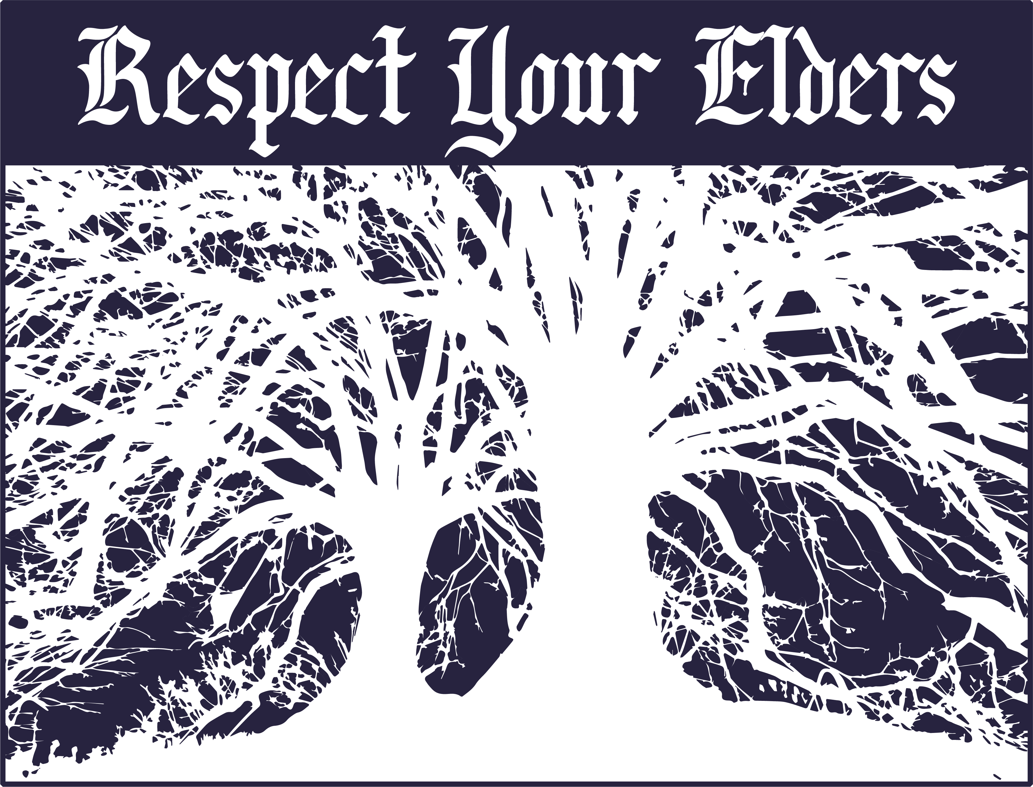 a purple digital illustration of a dead tree with old English text above it that says 'Respect Your Elders' 