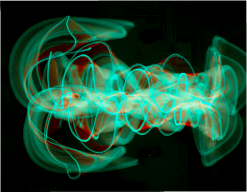 green and orange lines of light in a back and forth pattern