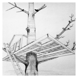 A graphite drawing of a 3-point perspective treehouse.