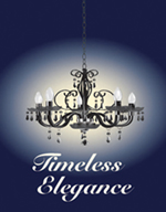 Timeless Elegance poster. A white chandelier on a dark blue background